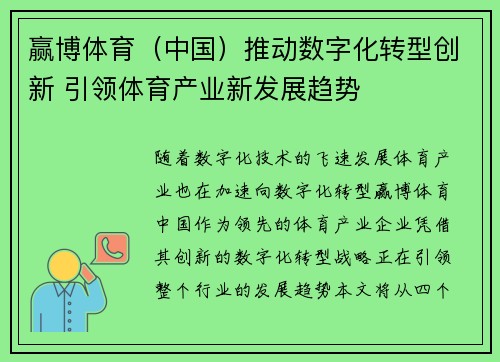 赢博体育（中国）推动数字化转型创新 引领体育产业新发展趋势